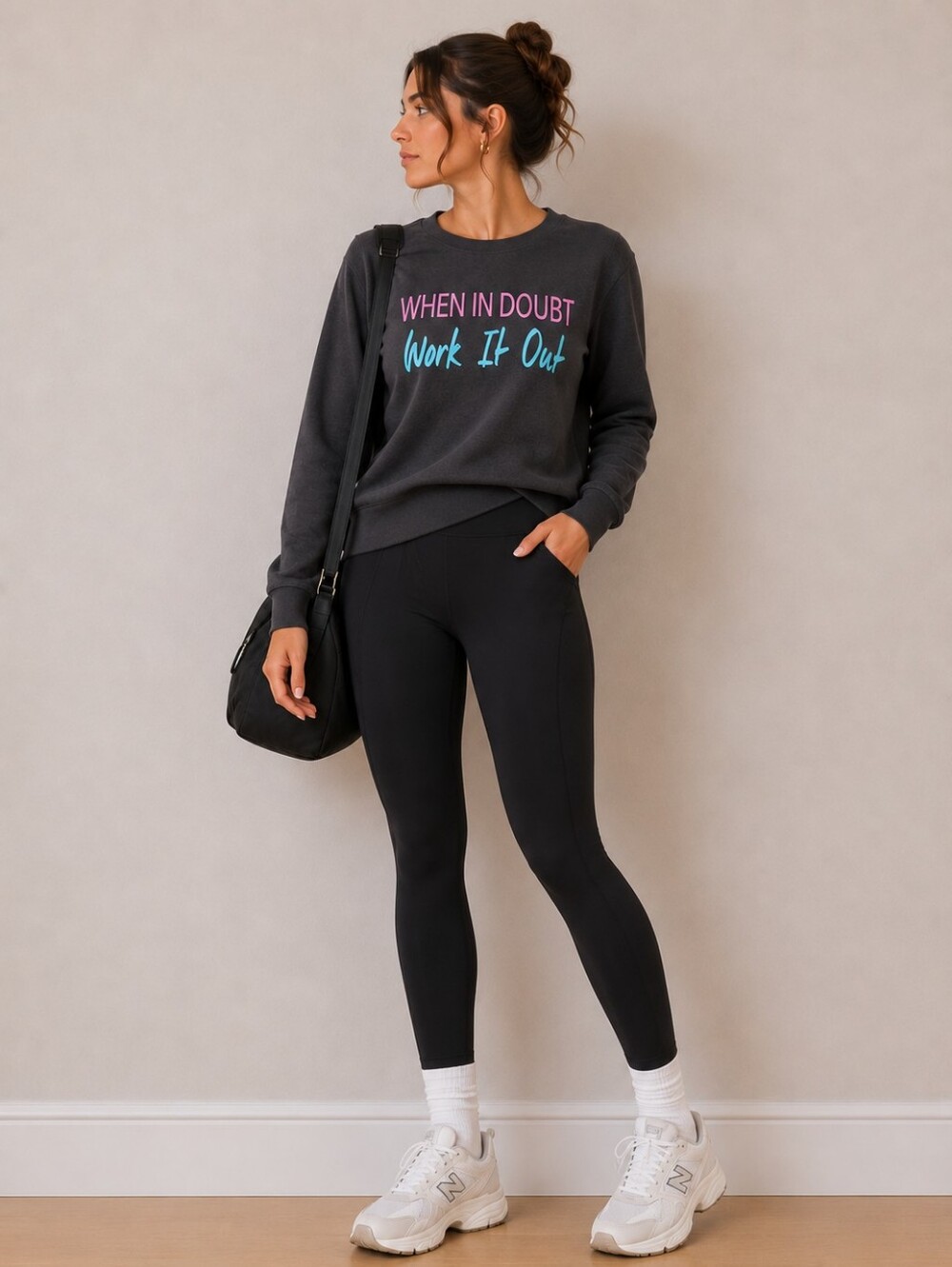 Charcoal gray athleisure sweater with text // XS